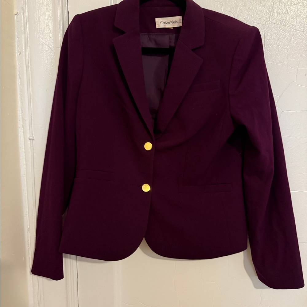 Calvin Klein Purple Blazer with Notched Lapel and Fitted Silhouette
